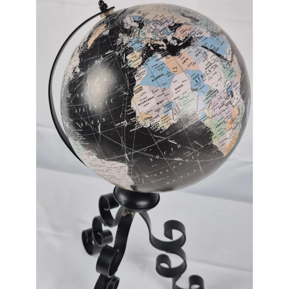 Vintage Tilted Black Ocean Globe USSR Yugoslavia Serbia Wrought Iron Stand 16